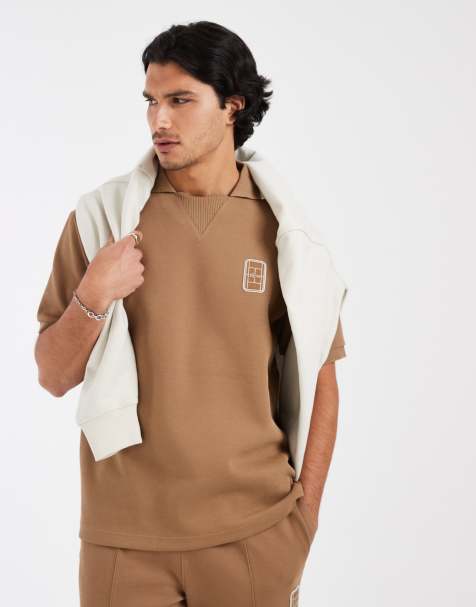 Lacoste co-ord short sleeve loose fit logo polo shirt in brown - view 1