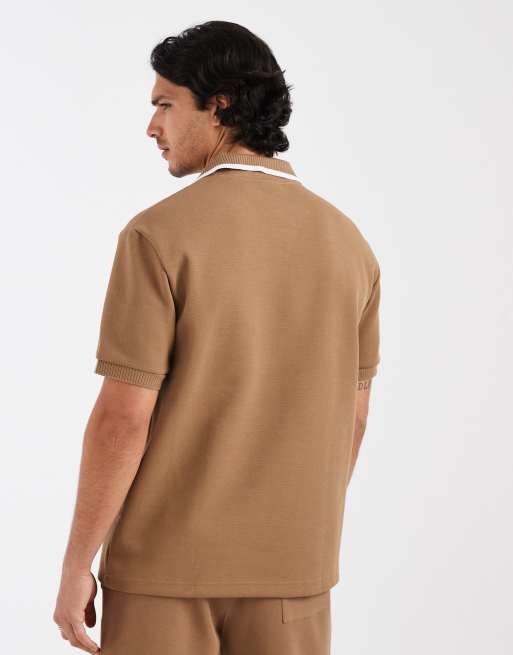 Lacoste co-ord short sleeve loose fit logo polo shirt in brown, 2 of 5