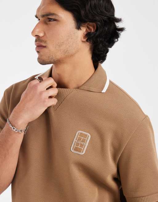 Lacoste co-ord short sleeve loose fit logo polo shirt in brown, 4 of 5
