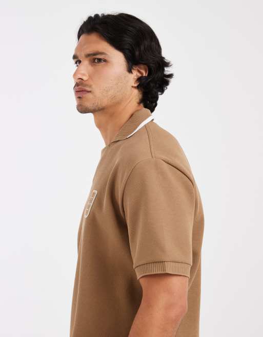 Lacoste co-ord short sleeve loose fit logo polo shirt in brown, 5 of 5
