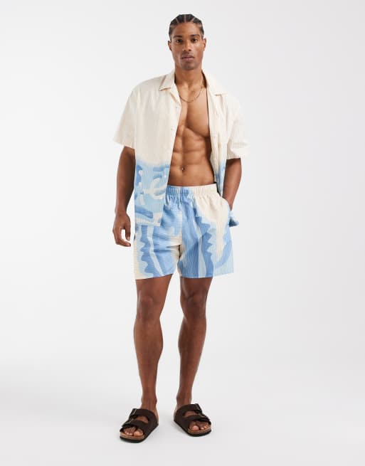 Lacoste co-ord stripe croc swim shorts in ecru & light blue, 2 of 5