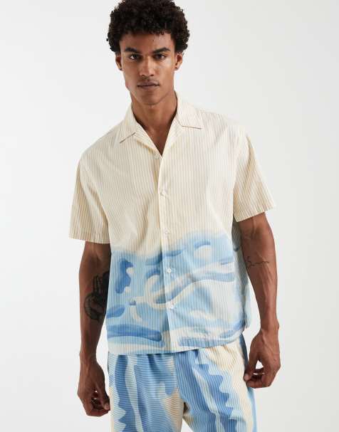 Lacoste co-ord stripe revere collar lounge shirt in orange - view 1