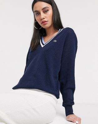 Lacoste - College sweater met V-hals en logo-Marineblauw