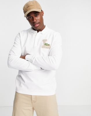 Lacoste collegiate textured logo long sleeve polo in off white
