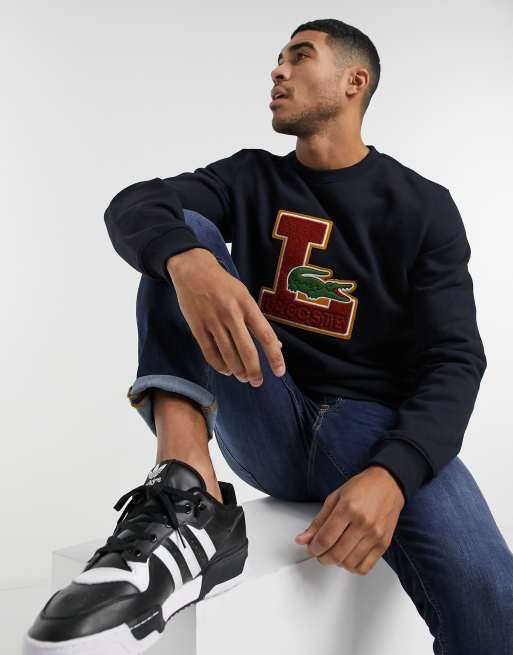 Lacoste collegiate textured logo sweatshirt in black