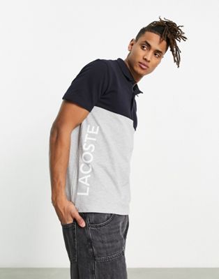 Lacoste colour block logo polo shirt in grey and black