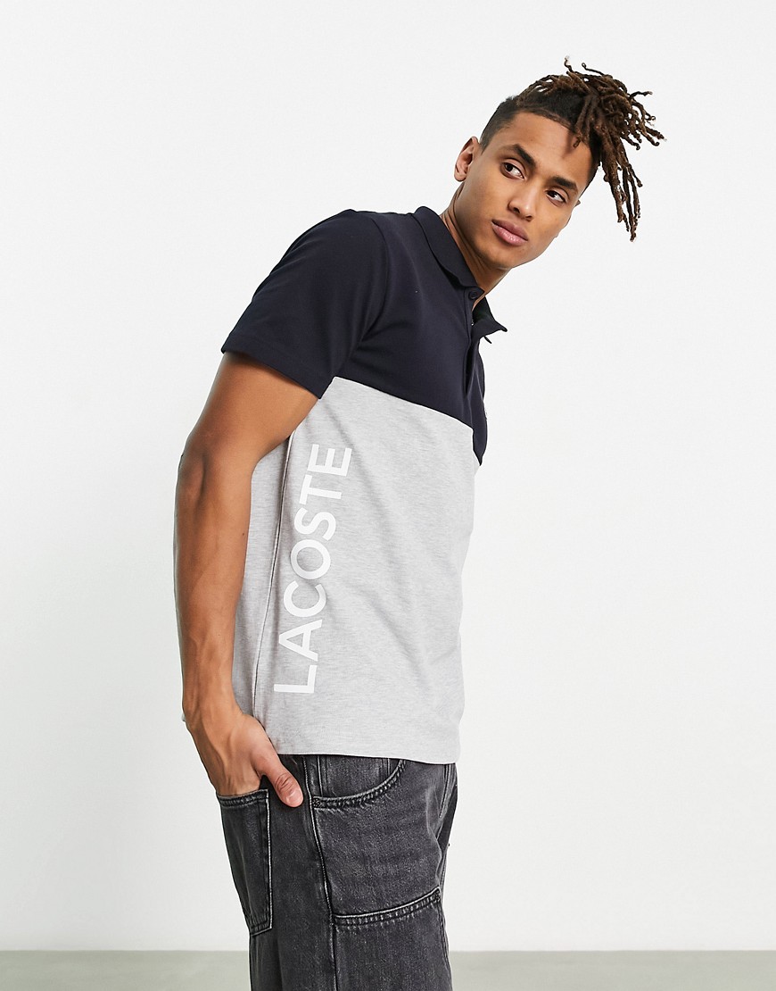 Lacoste colour block logo polo shirt in grey and black