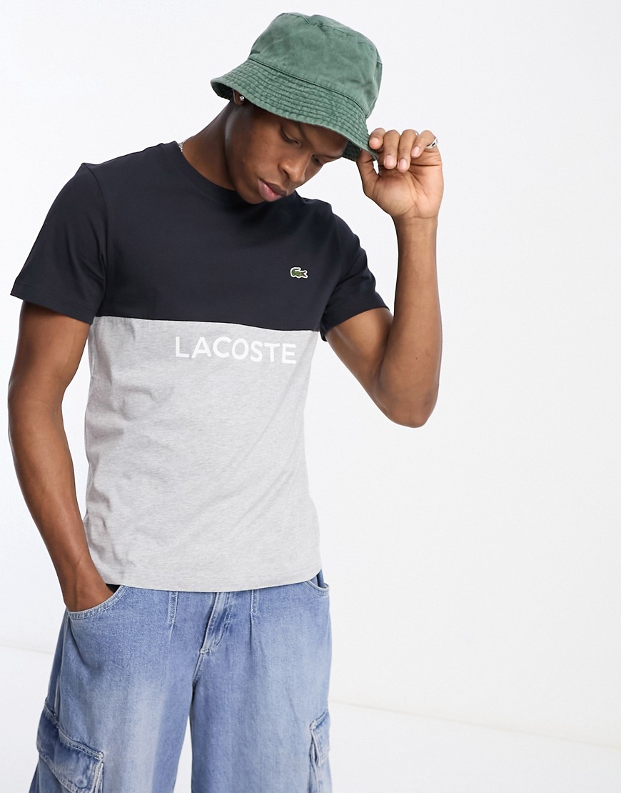 lacoste colour block logo t-shirt in grey and navy