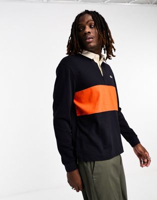 Lacoste colour block rugby top in black and orange