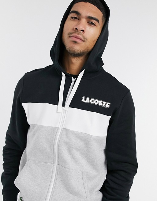 Lacoste colourblock zip through hoodie in black