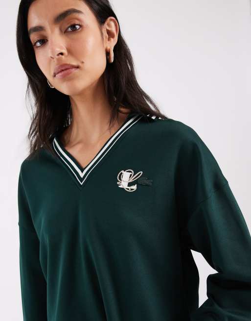 Lacoste contrast trim co-ord embroidered accent polo shirt in dark green, 4 of 4