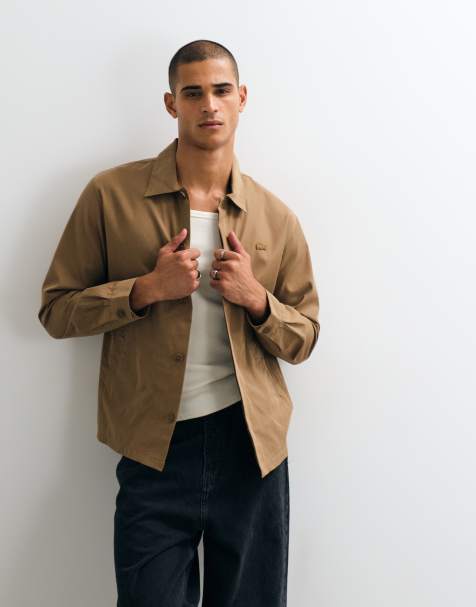 Lacoste cotton blend twill overshirt in tan - view 1
