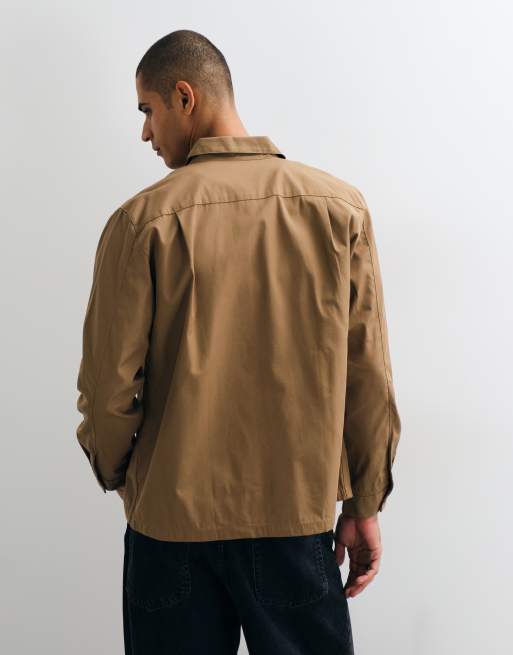 Lacoste cotton blend twill overshirt in tan , 3 of 5