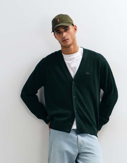 Lacoste cotton blend v neck cardigan in green, 4 of 5