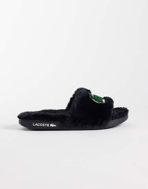 Lacoste crocodile logo slide fleece slipper in black and green, 2 of 4