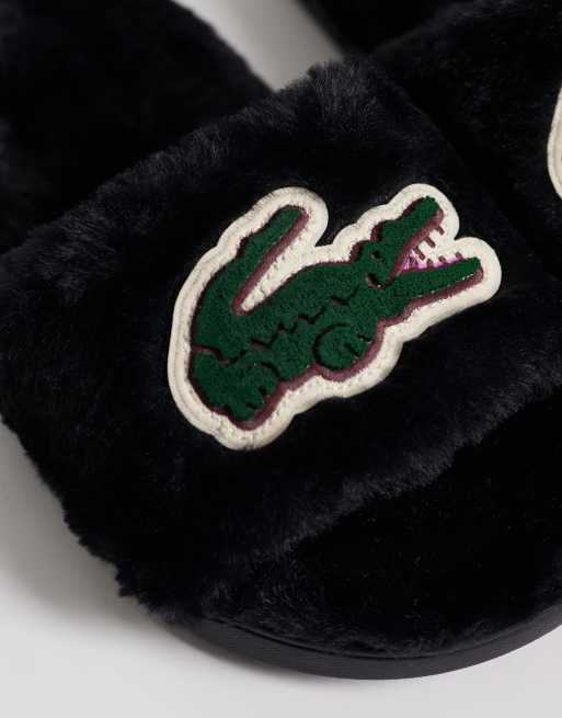 Lacoste crocodile logo slide fleece slipper in black and green, 3 of 4