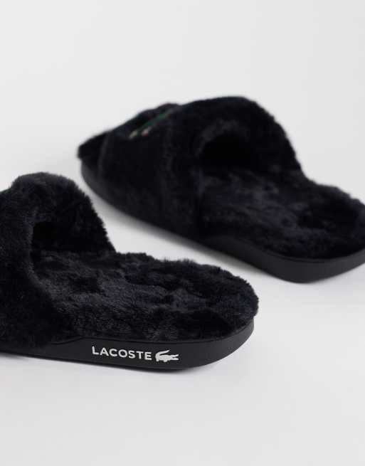 Lacoste crocodile logo slide fleece slipper in black and green, 4 of 4