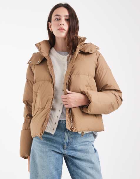 Lacoste cropped hooded down puffer jacket in brown - view 1