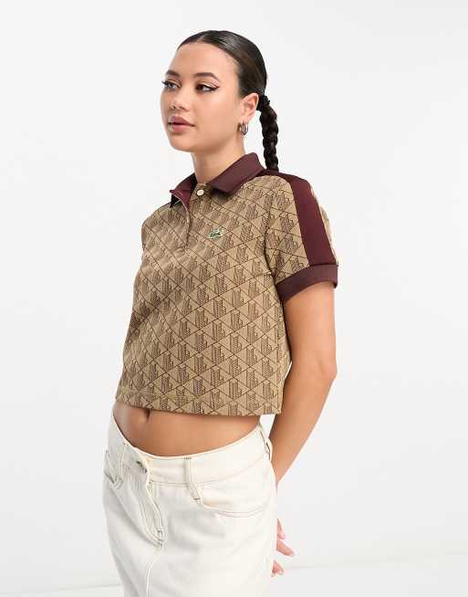 Lacoste cropped polo shirt in brown with all over print ASOS