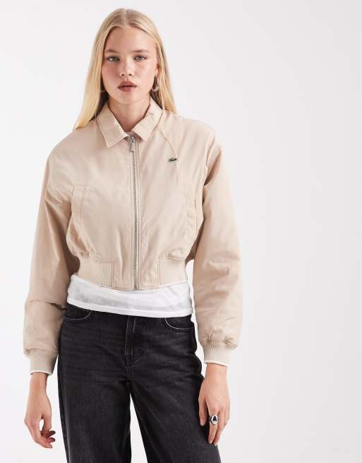 Lacoste cropped shiny bomber jacket in beige , 3 of 4