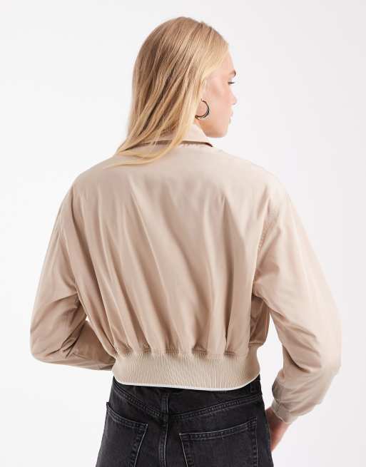 Lacoste cropped shiny bomber jacket in beige , 4 of 4
