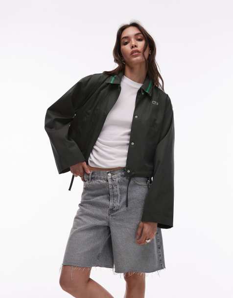 Lacoste cropped trucker jacket in forest green with double layered detailing - view 1