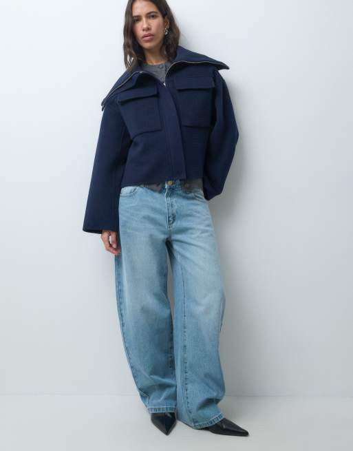 Lacoste cropped zip up padded jacket in navy, 2 of 4