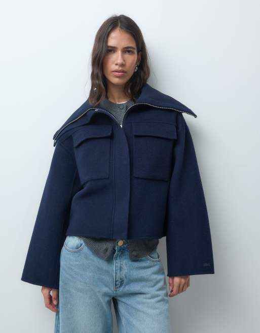 Lacoste cropped zip up padded jacket in navy, 4 of 4