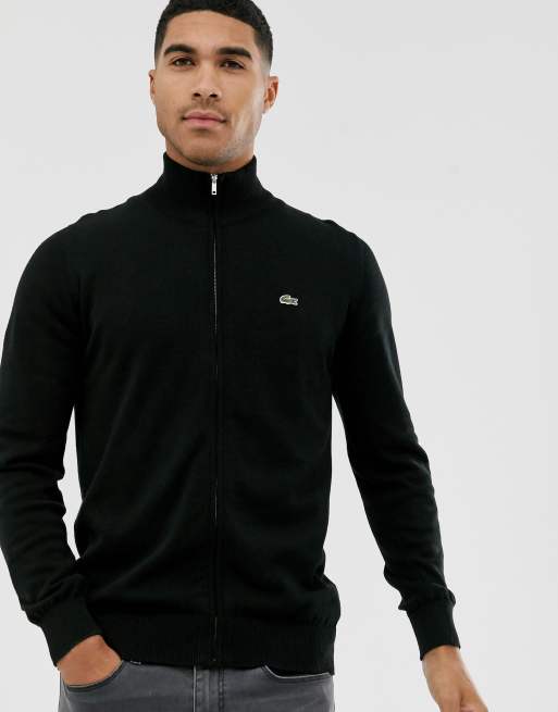 Lacoste – Czarny golf z bawełny, z suwakiem na całej długości i niewielkim logo na piersi
