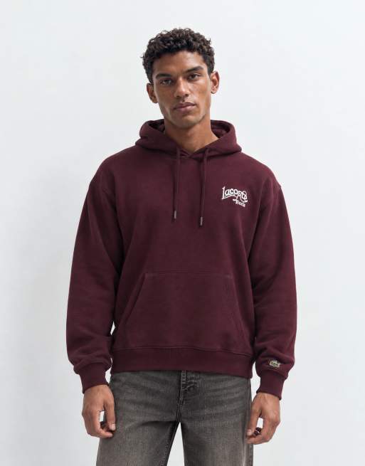 Lacoste embroidered logo hoodie in burgundy, 6 of 9