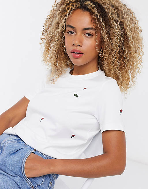 Lacoste embroidered rose t-shirt in white | ASOS