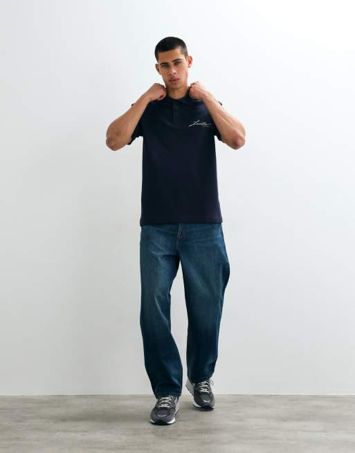 Lacoste embroidered script logo polo shirt in navy, 2 of 5