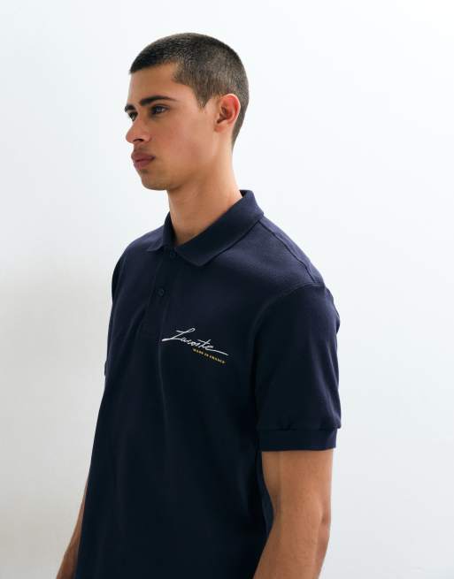 Lacoste embroidered script logo polo shirt in navy, 4 of 5