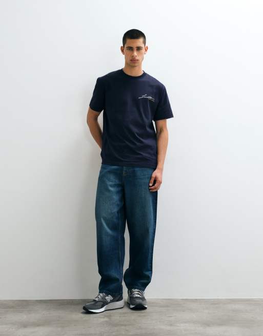 Lacoste embroidered script short sleeve t-shirt in navy, 2 of 5