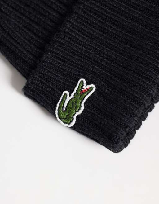 Lacoste essential ribbed logo beanie in black, 2 of 3