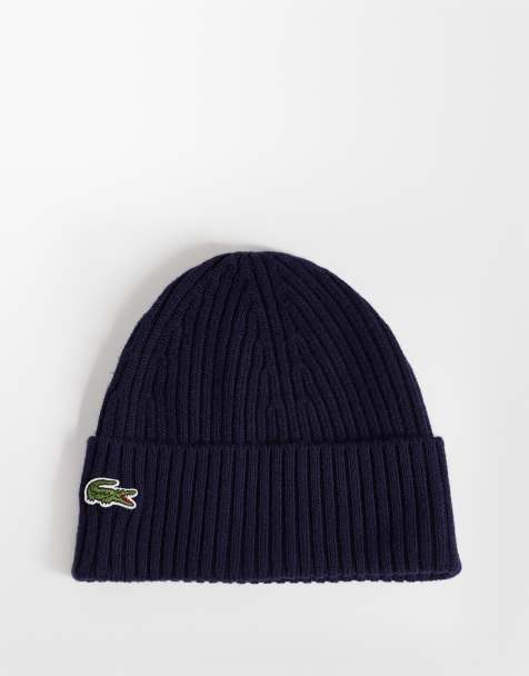 Lacoste essential ribbed logo beanie in navy - view 1