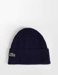 Lacoste essential ribbed logo beanie in navy
