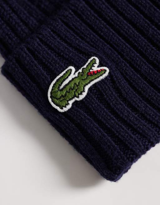 Lacoste essential ribbed logo beanie in navy, 2 of 3