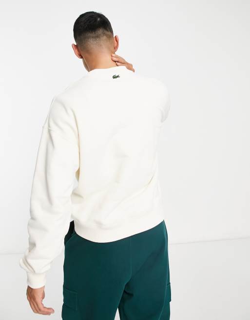 Lacoste - Felpa bianco sporco larga con stampa di coccodrillo, 2 di 4