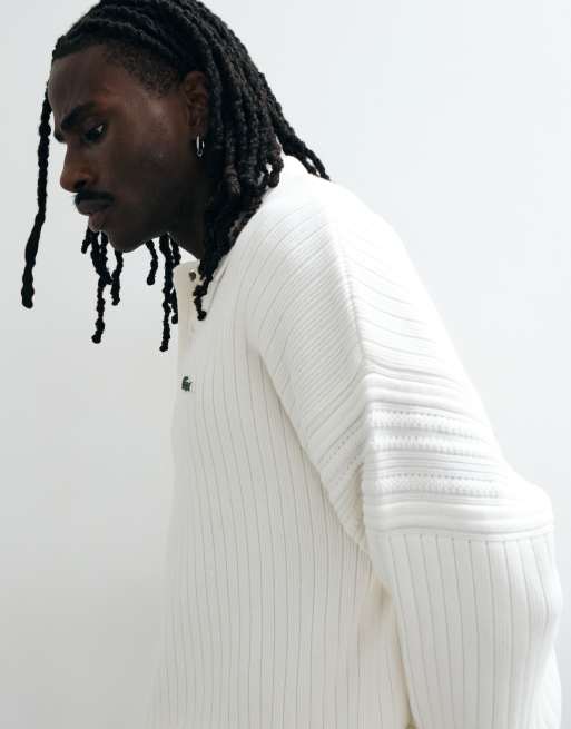 Lacoste flätstickad polotröja i creme, 2 av 5