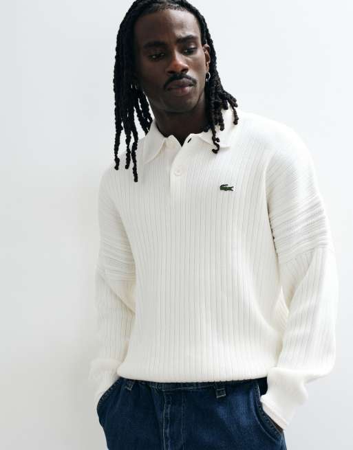 Lacoste flätstickad polotröja i creme, 4 av 5