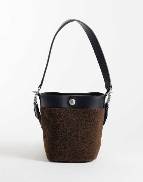 Lacoste fleece bucket bag with tennis detail and contrast edge in brown - view 1