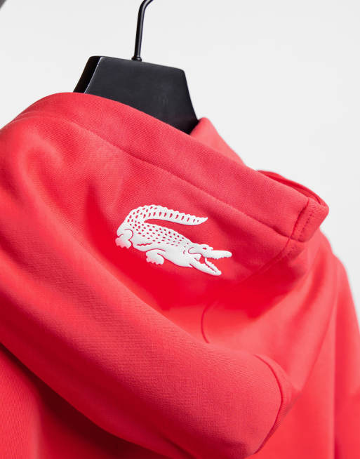 Lacoste front logo hoodie with croc embroidery in red