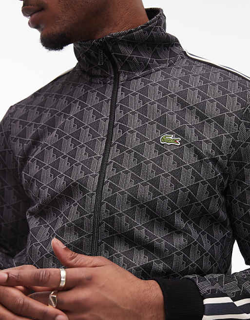 Lacoste full zip through track jacket in black with all over Lacoste full zip through track jacket in black with all over