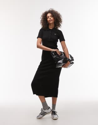 Lacoste – Geripptes Maxikleid in Schwarz mit Polokragen - view 1