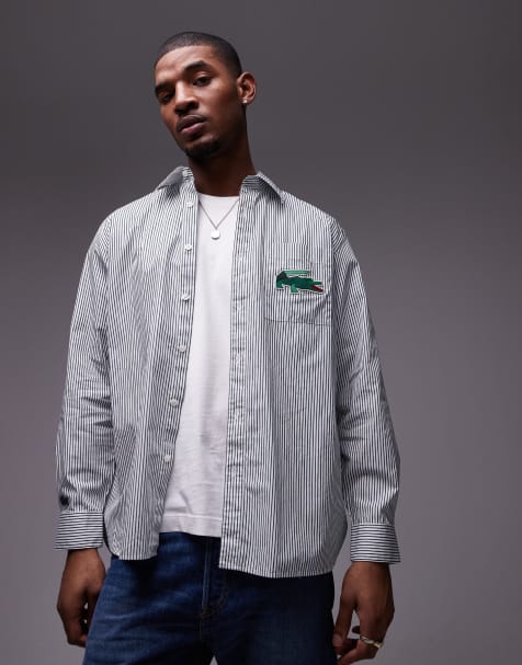 Lacoste - Gestreept overhemd met lange mouwen en logo in groen - view 1