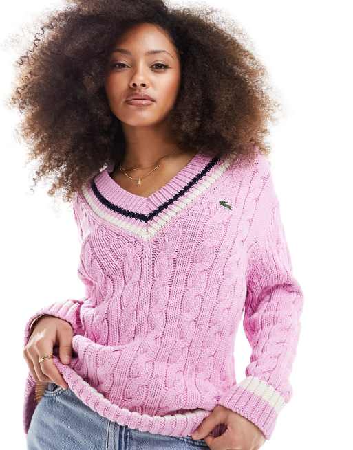Lacoste – Grobstrickpullover in Rosa mit Zopfmuster