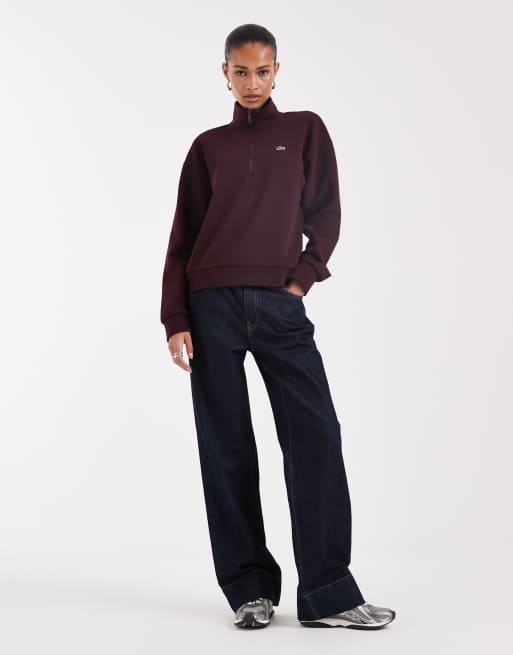 Lacoste high neck quarter zip sweatshirt in burgundy, 2 of 4