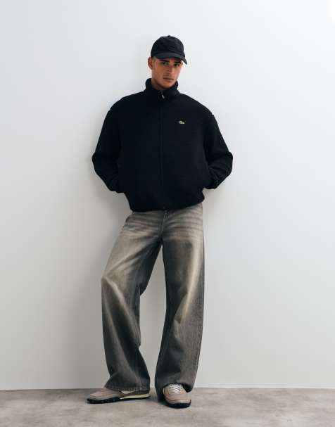 Lacoste high neck zip through fleece sweatshirt in black - view 1