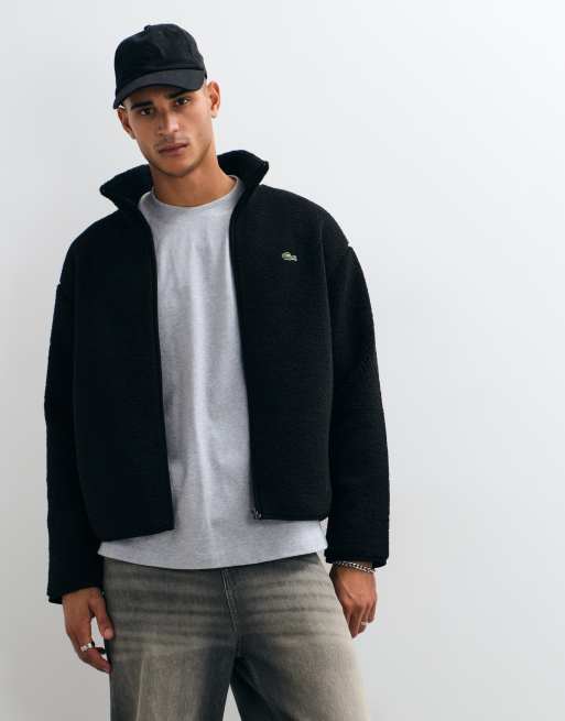 Lacoste high neck zip through fleece sweatshirt in black, 2 of 5
